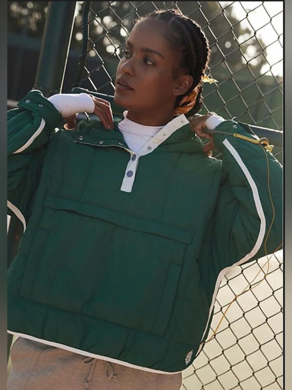 Free People Pippa Packable Pullover Puffer - Green w/ White Trim - Size: S